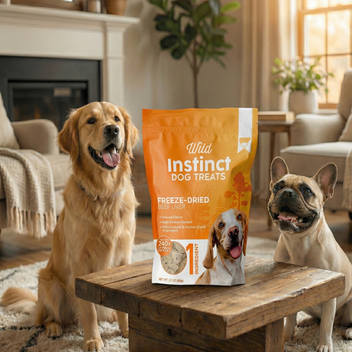 Freeze-dried beef liver dog treats bag on a wooden surface