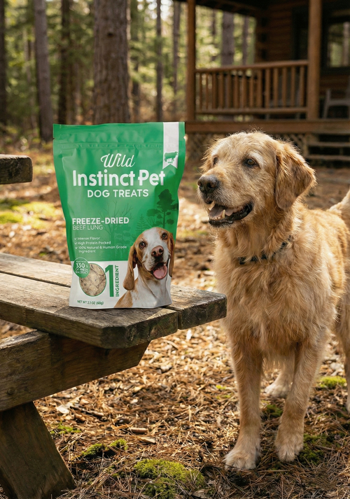 Wild Instinct Pet freeze-dried beef lung dog treats pouch beside golden dog