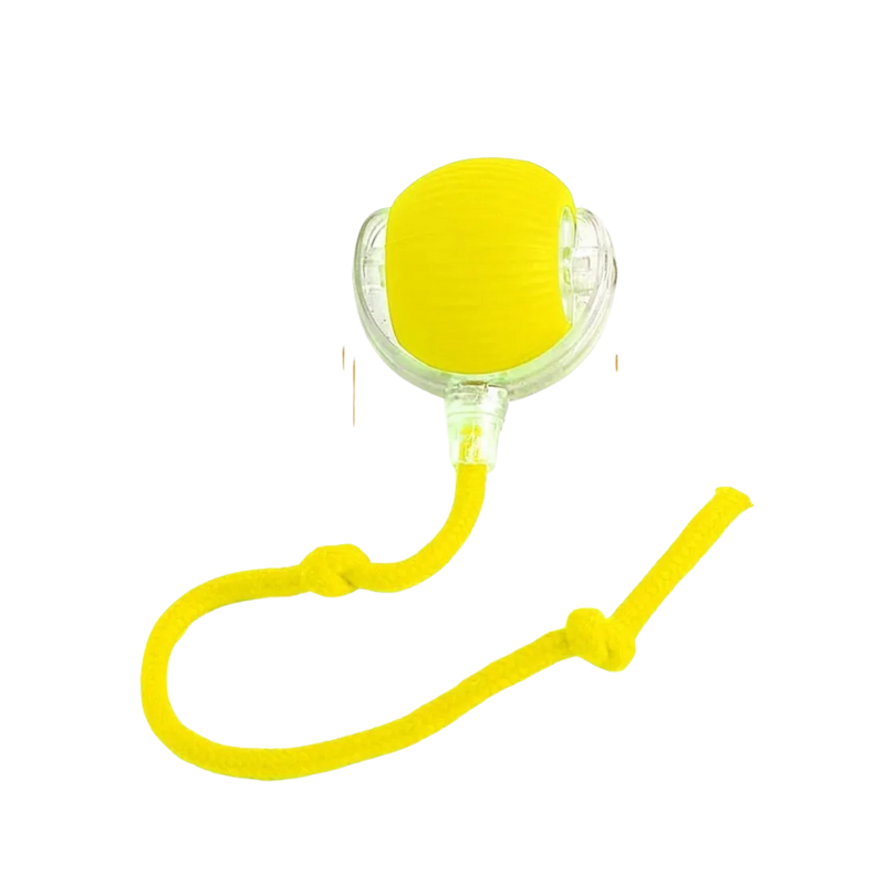 Yellow interactive cat ball toy with clear side window and yellow rope track
