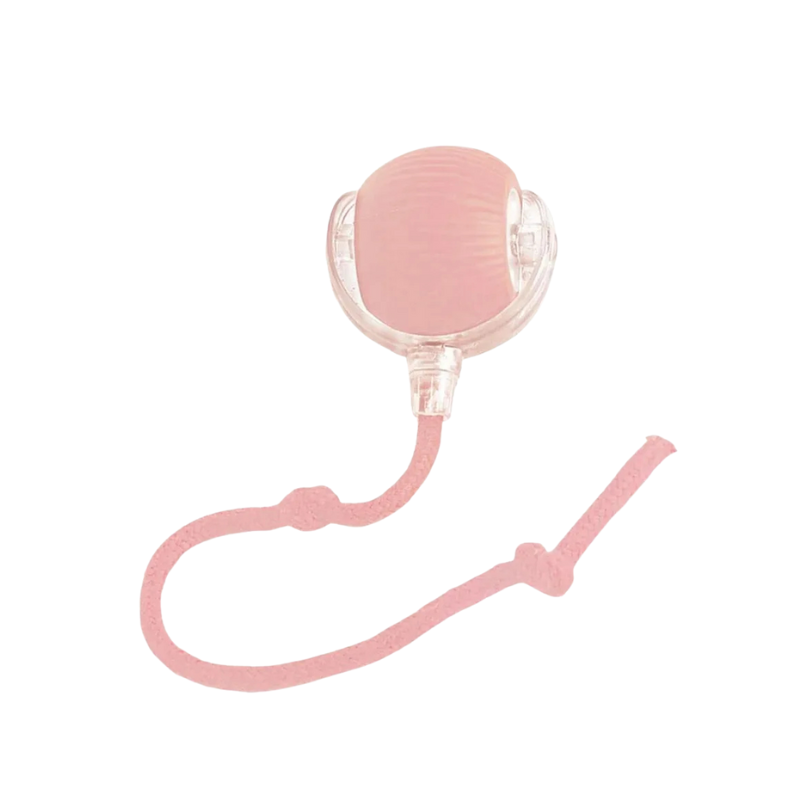 Pink interactive cat ball toy with clear side window and pink rope track