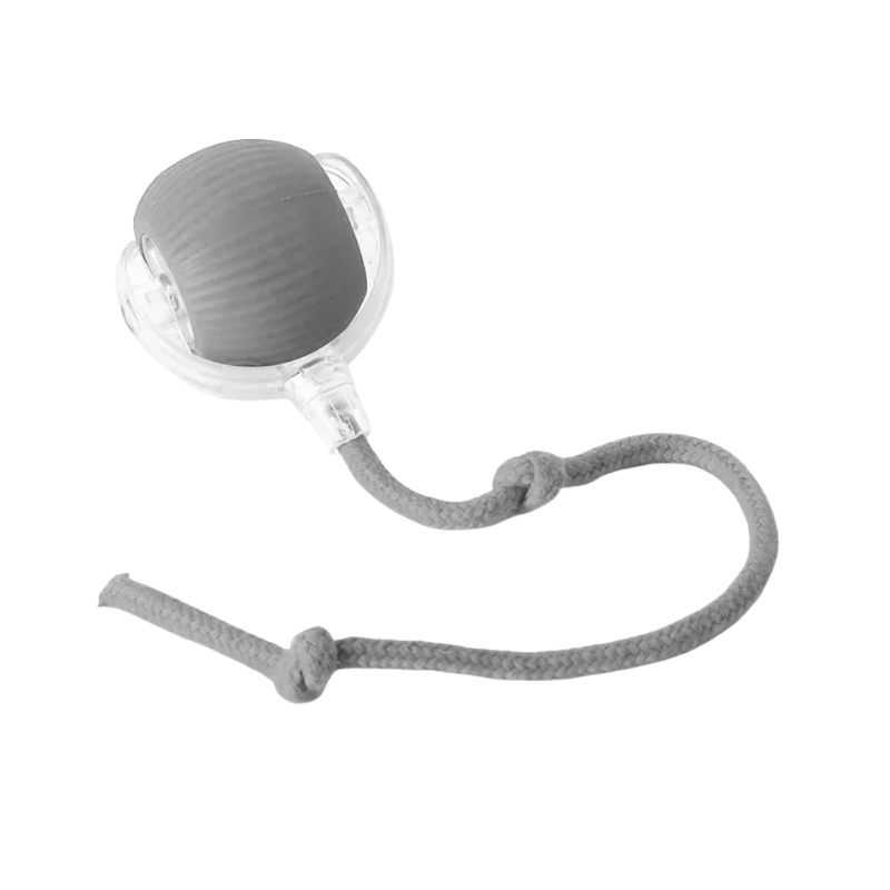 Grey interactive cat ball toy with clear side window and grey rope track